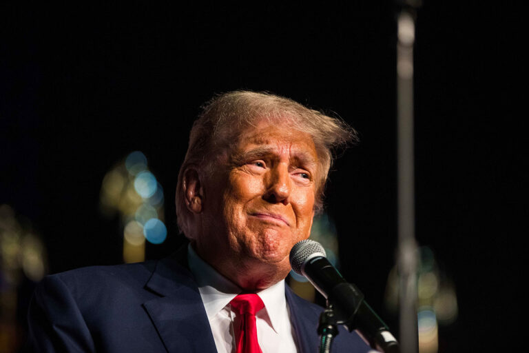 Former president Donald Trump, speaks at a Club 47 USA event in West Palm Beach, Florida on October 11, 2023. (Saul Martinez for The Washington Post via Getty Images)