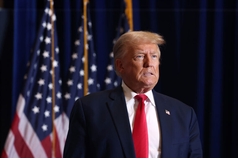 Republican presidential candidate former President Donald Trump arrives for a rally on October 07, 2023 in Cedar Rapids, Iowa. (Scott Olson/Getty Images)
