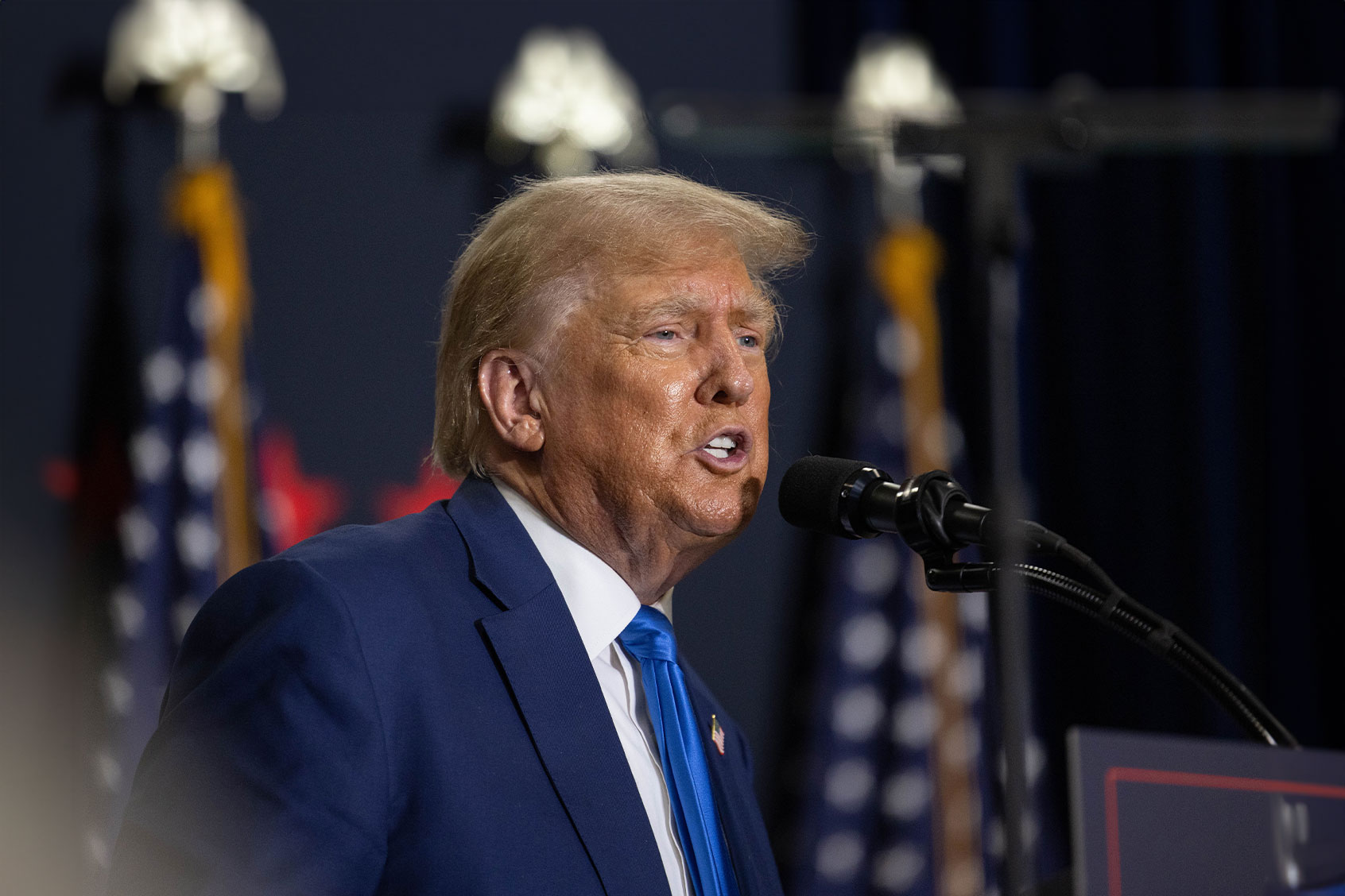Republican presidential candidate former President Donald Trump delivers remarks during a campaign event on October 23, 2023 in Derry, New Hampshire. (Scott Eisen/Getty Images)