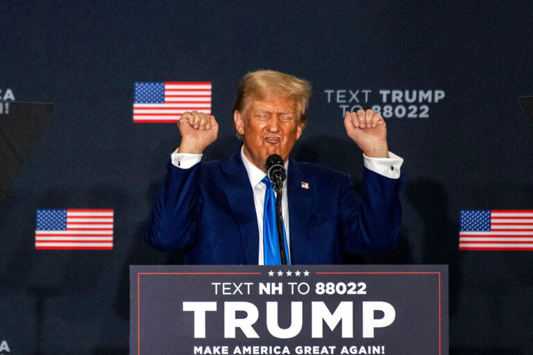 Former US President and 2024 Republican presidential hopeful Donald Trump speaks during a campaign rally at the New England Sports Center in Derry, New Hampshire, October 23, 2023. (JOSEPH PREZIOSO/AFP via Getty Images)