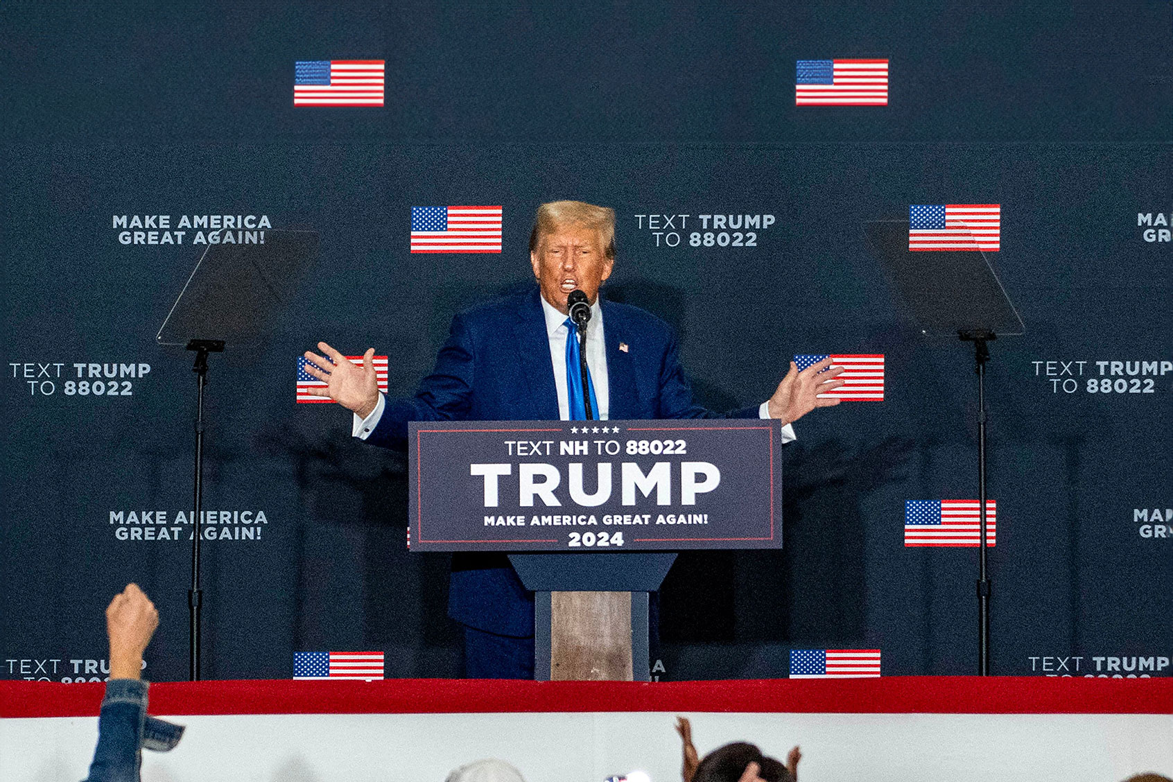 Former US President and 2024 Republican presidential hopeful Donald Trump speaks during a campaign rally at the New England Sports Center in Derry, New Hampshire, October 23, 2023. (JOSEPH PREZIOSO/AFP via Getty Images)