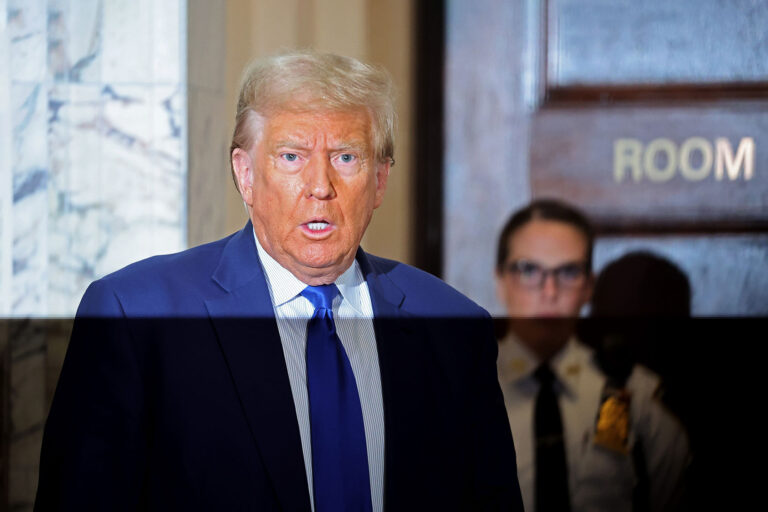 Former President Donald Trump speaks to the media at his civil fraud trial at New York State Supreme Court on October 25, 2023 in New York City. (Spencer Platt/Getty Images)