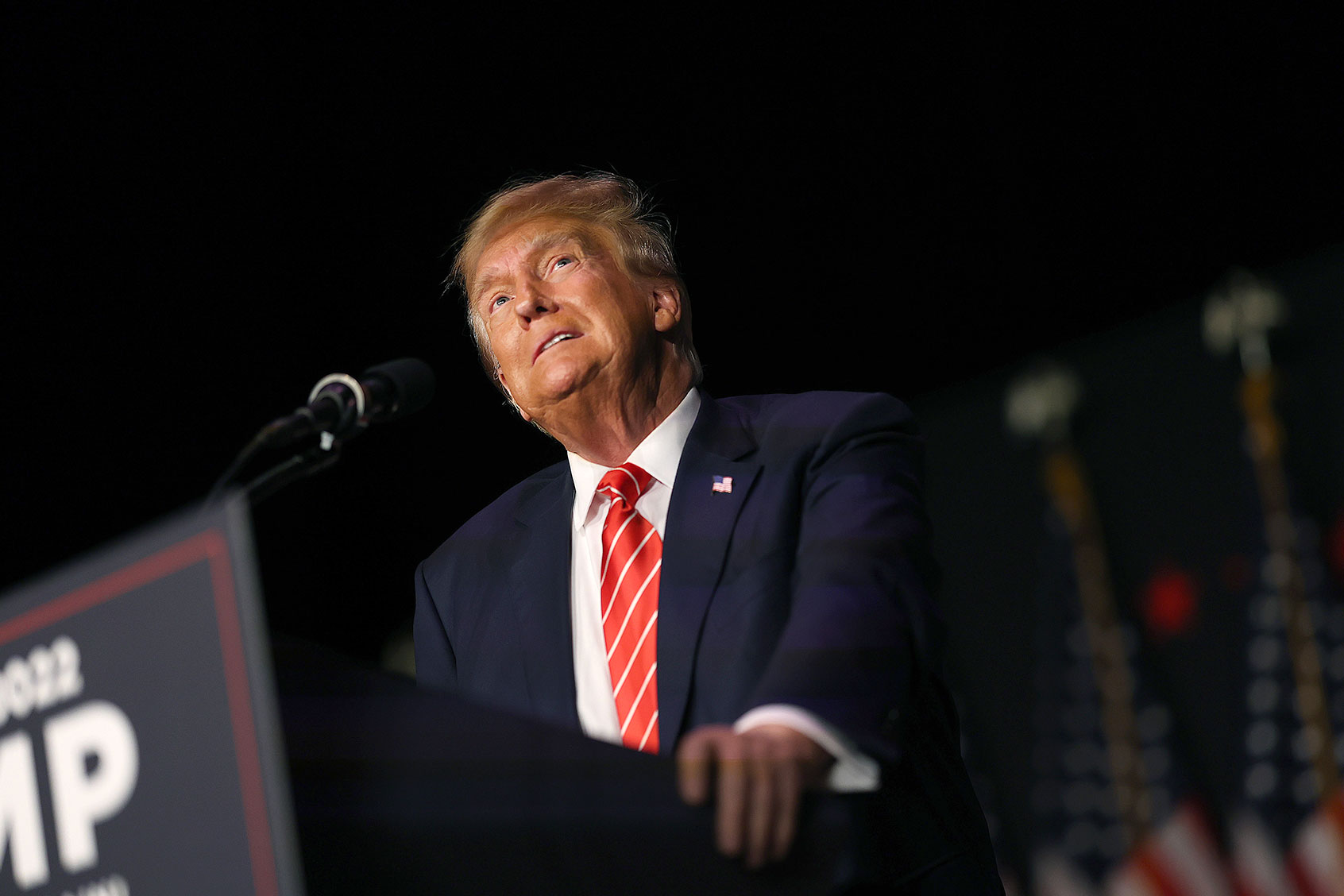 Republican presidential candidate former U.S. President Donald Trump speaks to guests during a campaign event at the Orpheum Theater on October 29, 2023 in Sioux City, Iowa. (Scott Olson/Getty Images)
