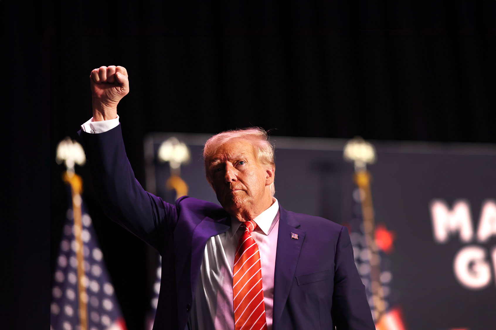 Republican presidential candidate former U.S. President Donald Trump hosts a campaign event at the Orpheum Theater on October 29, 2023 in Sioux City, Iowa. (Scott Olson/Getty Images)