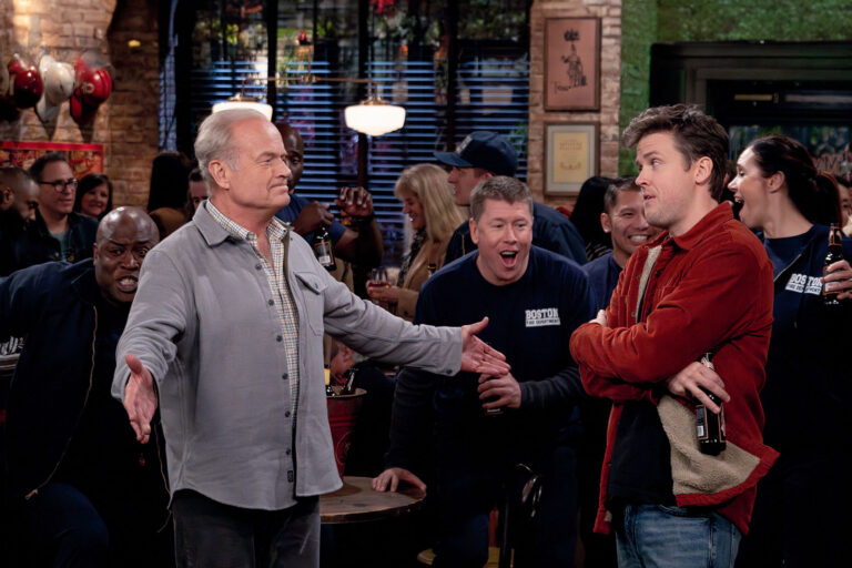 Kevin Daniels as Tiny, Kelsey Grammer as Frasier Crane, Jimmy Dunn as Moose and Jack Cutmore-Scott as Freddy Crane in "Frasier" (Chris Haston/Paramount+)