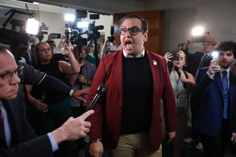 U.S. Rep. George Santos (R-NY) becomes emotional as he talks about the situation in Israel during a break in a House Republican caucus meeting at the Longworth House Office Building on October 13, 2023 in Washington, DC. (Joe Raedle/Getty Images)