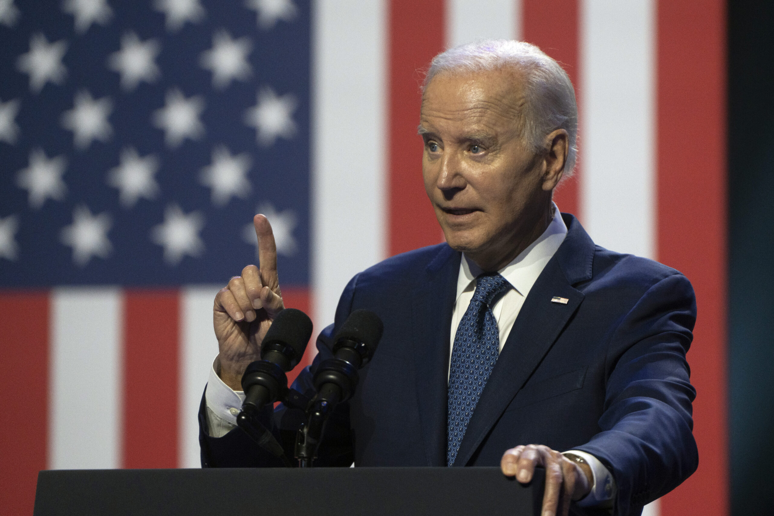 President Biden gives a speech at the Tempe Center for the Arts on Sept. 28, 2023, in Tempe, Arizona. He delivered remarks on protecting democracy and honoring the legacy of the late Sen. John McCain. (Rebecca Noble/Getty Images)