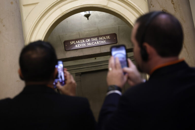 Tourists take photographs outside the offices of former Speaker of the House Kevin McCarthy at the U.S. Capitol, Oct. 4, 2023. (Chip Somodevilla/Getty Images)