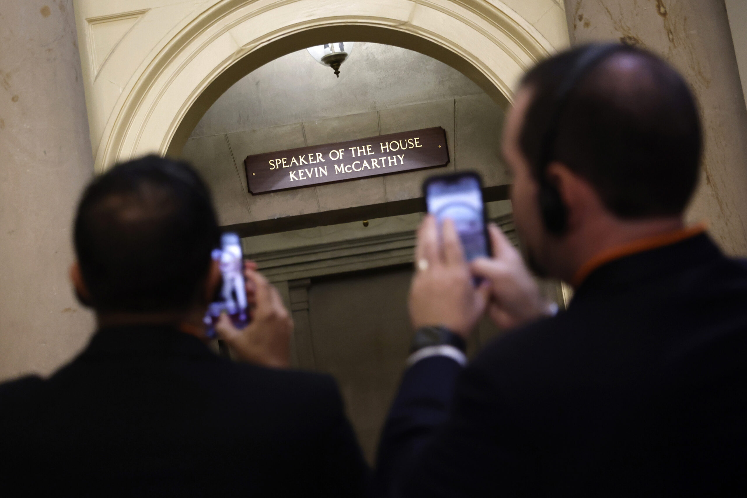 Tourists take photographs outside the offices of former Speaker of the House Kevin McCarthy at the U.S. Capitol, Oct. 4, 2023. (Chip Somodevilla/Getty Images)