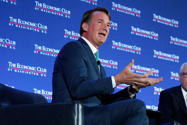 Virginia Governor Glenn Youngkin (L) is interviewed by David Rubenstein, president of the Economic Club of Washington, during a club luncheon at the Marriott Marquis on September 26, 2023 in Washington, DC. (Chip Somodevilla/Getty Images)