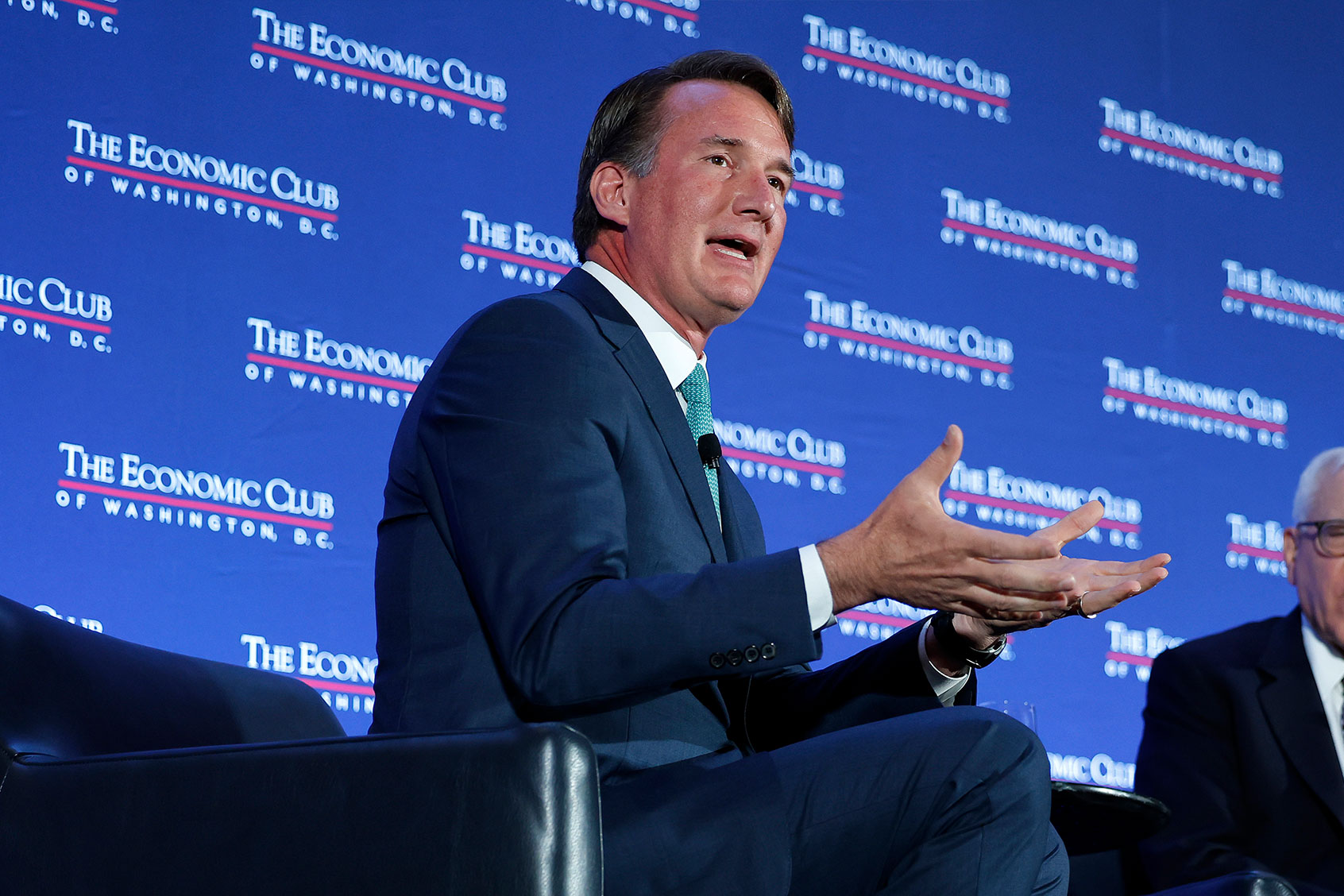 Virginia Governor Glenn Youngkin (L) is interviewed by David Rubenstein, president of the Economic Club of Washington, during a club luncheon at the Marriott Marquis on September 26, 2023 in Washington, DC. (Chip Somodevilla/Getty Images)