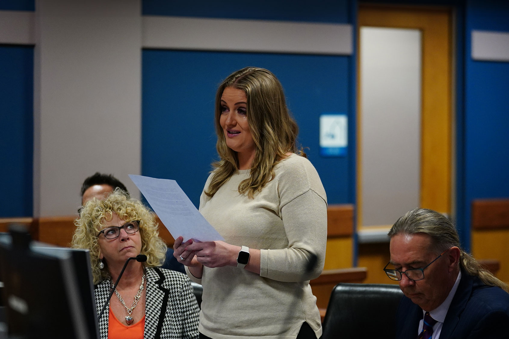 Jenna Ellis reads a statement after pleading guilty to a felony count of aiding and abetting false statements and writings, inside Fulton Superior Court Judge Scott McAfee's Fulton County Courtroom at the Fulton County Courthouse October 24, 2023 in Atlanta, Georgia. (John Bazemore-Pool/Getty Images)