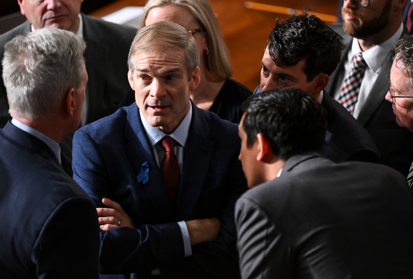 Rep. Jim Jordan (R-Ohio) speaks with Rep. Kevin McCarthy (R-Calif.) as members of the U.S. House of Representatives gather for a second round of voting for the next speaker at the U.S. Capitol on Wednesday October 18, 2023 in Washington, DC. (Matt McClain/The Washington Post via Getty Images)
