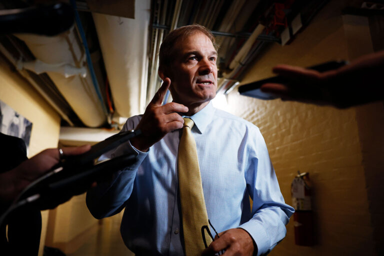 House Judiciary Committee Chairman Jim Jordan (R-OH) speaks to reporters before heading into a House Republican caucus meeting at the U.S. Capitol on September 19, 2023 in Washington, DC. (Chip Somodevilla/Getty Images)