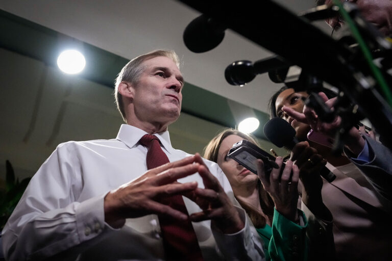 Rep. Jim Jordan (R-OH) speaks briefly to reporters as he departs a House Republican Caucus at the U.S. Capitol October 16, 2023 in Washington, DC. (Drew Angerer/Getty Images)