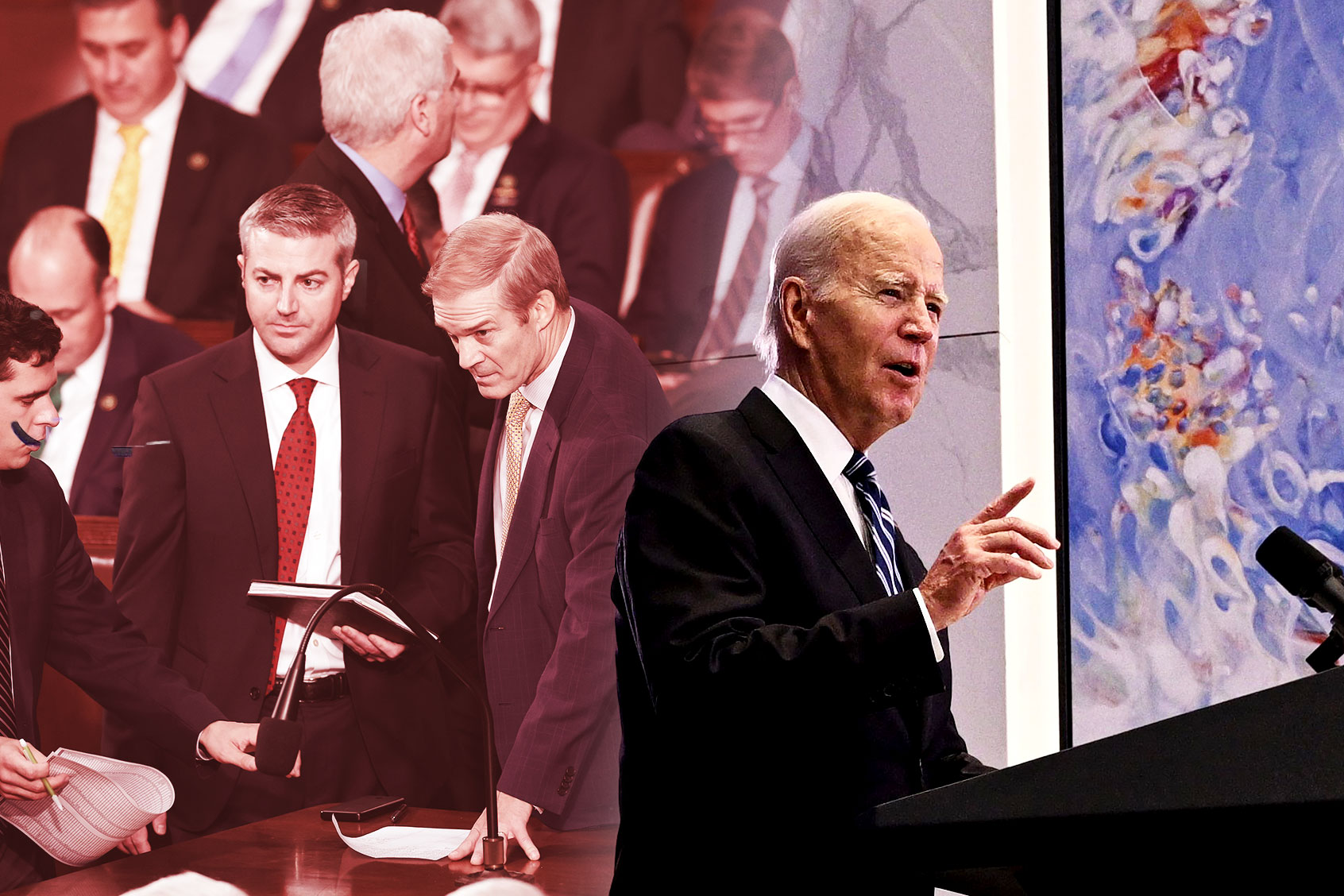 Rep. Jim Jordan (R-OH) talking with staff and fellow lawmakers as the House of Representatives meets to elect a new Speaker of the House at the U.S. Capitol Building on October 17, 2023 in Washington, DC. | US President Joe Biden speaking during a press conference following a solidarity visit to Israel, on October 18, 2023, in Tel Aviv. (Photo illustration by Salon/Getty Images)