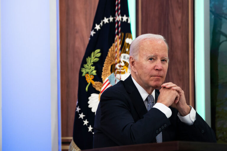 U.S. President Joe Biden listens as John Kerry, Special Presidential Envoy for Climate, speaks during a Major Economies Forum on Energy and Climate meeting at South Court Auditorium in the Eisenhower Executive Office Building at the White House in Washington, DC, on April 20, 2023. (Elizabeth Frantz for The Washington Post via Getty Images)