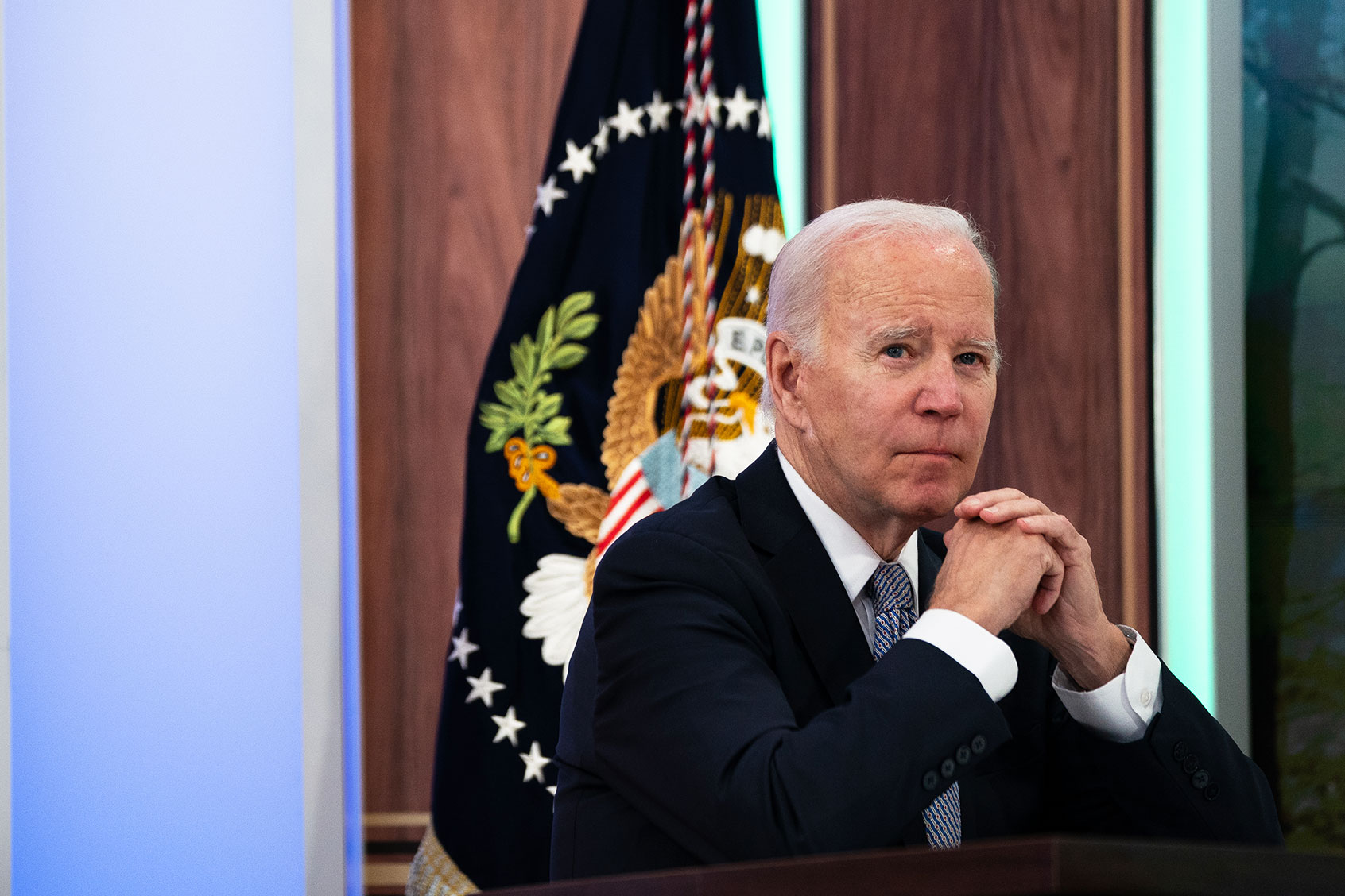 U.S. President Joe Biden listens as John Kerry, Special Presidential Envoy for Climate, speaks during a Major Economies Forum on Energy and Climate meeting at South Court Auditorium in the Eisenhower Executive Office Building at the White House in Washington, DC, on April 20, 2023. (Elizabeth Frantz for The Washington Post via Getty Images)