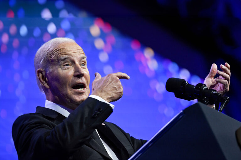 US President Joe Biden speaking during the Human Rights Campaign National Dinner at the Washington Convention Center in Washington, DC, on October 14, 2023. (ANDREW CABALLERO-REYNOLDS/AFP via Getty Images)