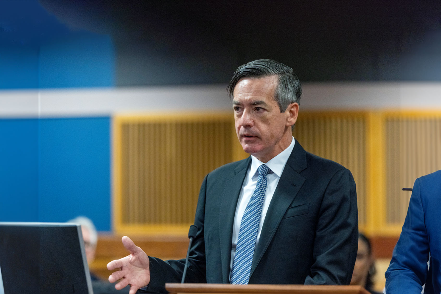 Kenneth Chesebro speaks to Fulton County Superior Court Judge Scott McAfee during a hearing where Chesebro accepted a plea deal from the Fulton County District Atorney at the Fulton County Courthouse October 20, 2023 in Atlanta, Georgia. (Alyssa Pointer/Getty Images)