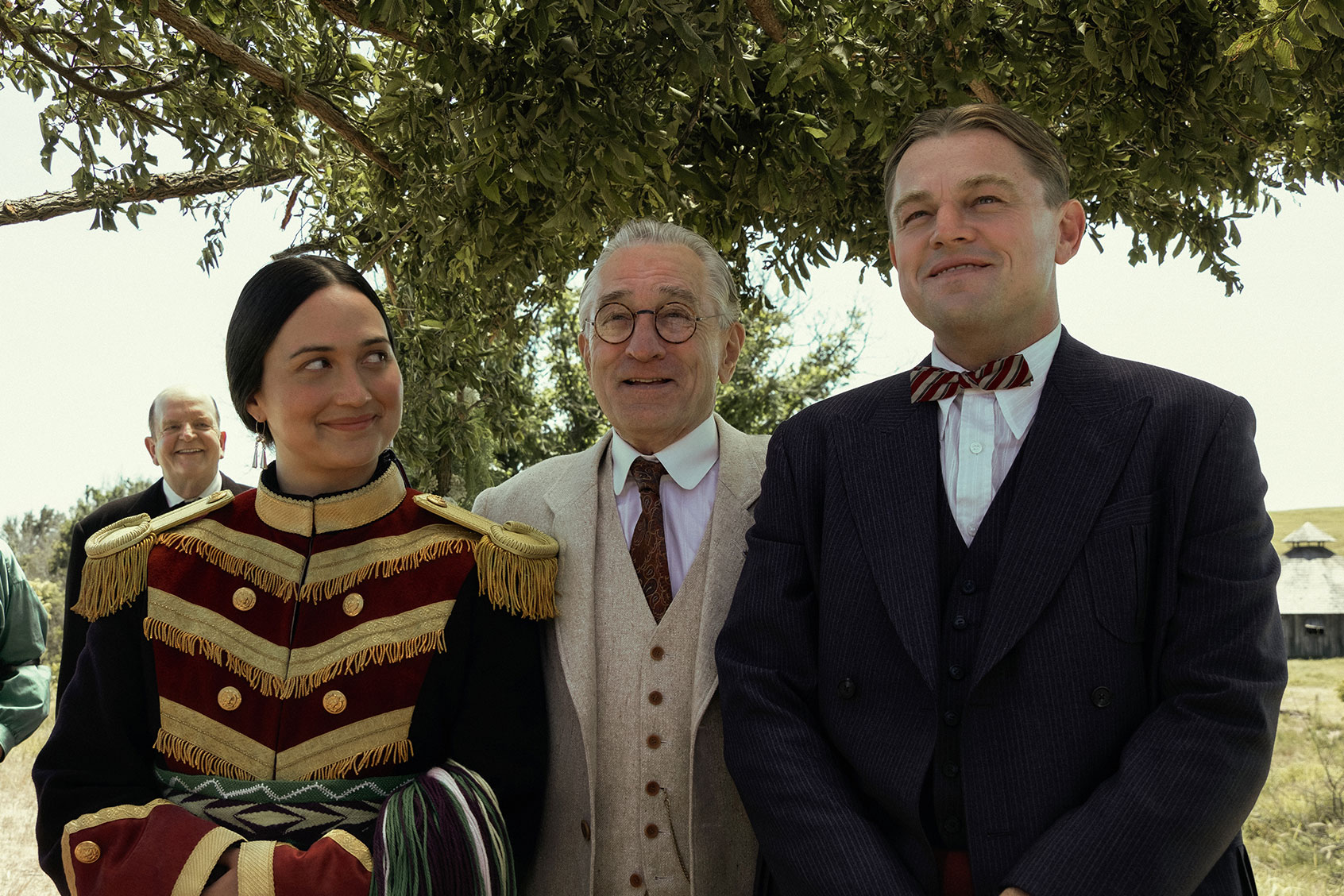 Lily Gladstone, Robert De Niro and Leonardo DiCaprio in “Killers of the Flower Moon" (Apple)