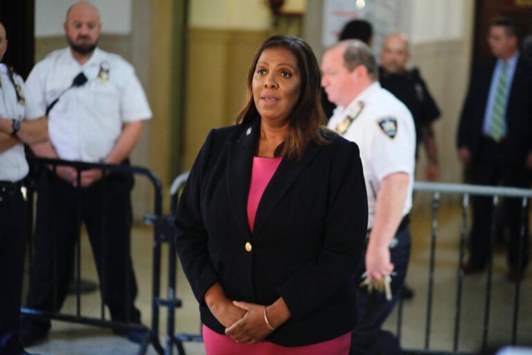 New York Attorney General Letitia James speaks to members of the media following the third day of the civil fraud trial against former US President Donald Trump, in New York on October 4, 2023. (KENA BETANCUR/AFP via Getty Images)