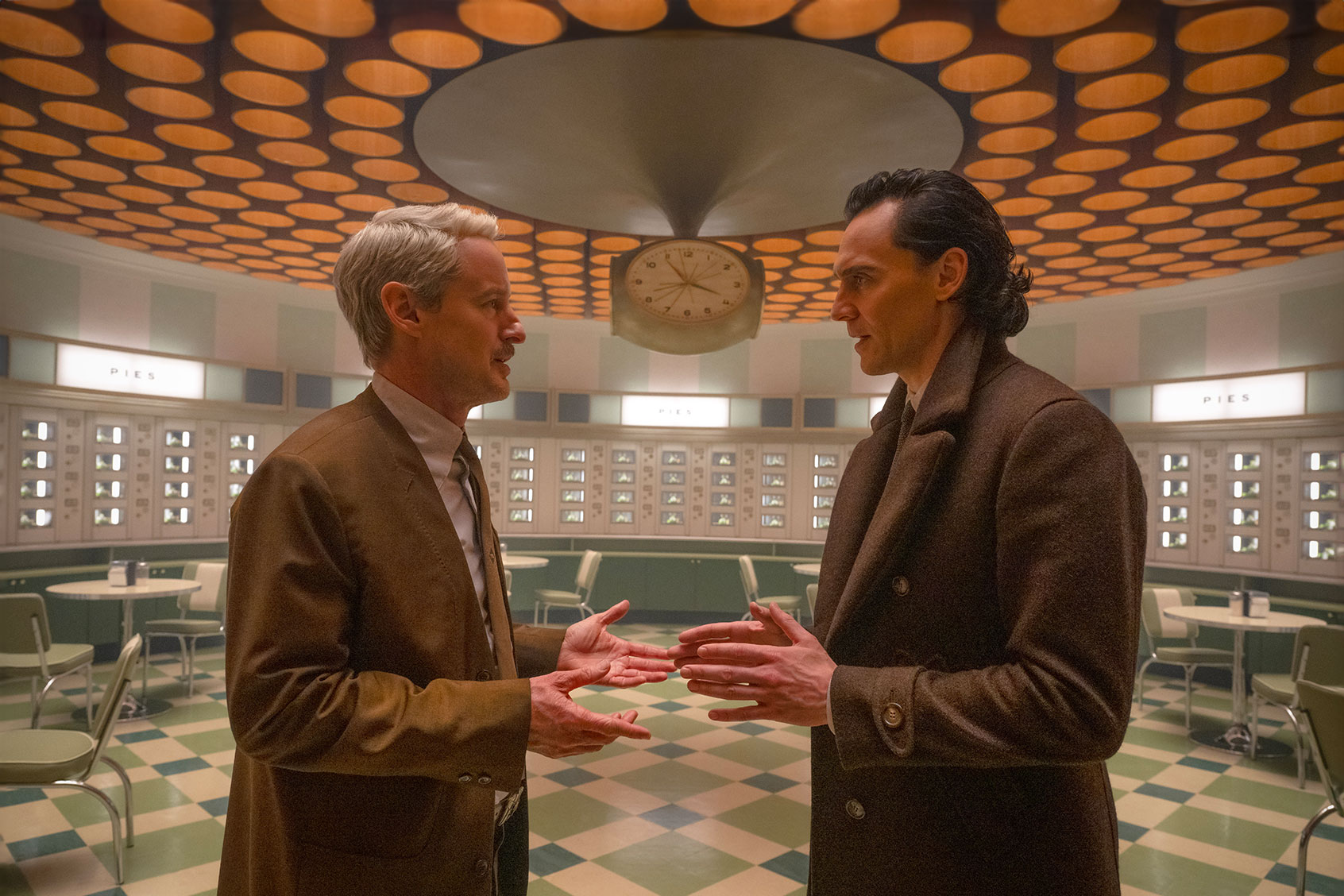Owen Wilson as Mobius and Tom Hiddleston as Loki in "Loki" (Gareth Gatrell/Marvel)
