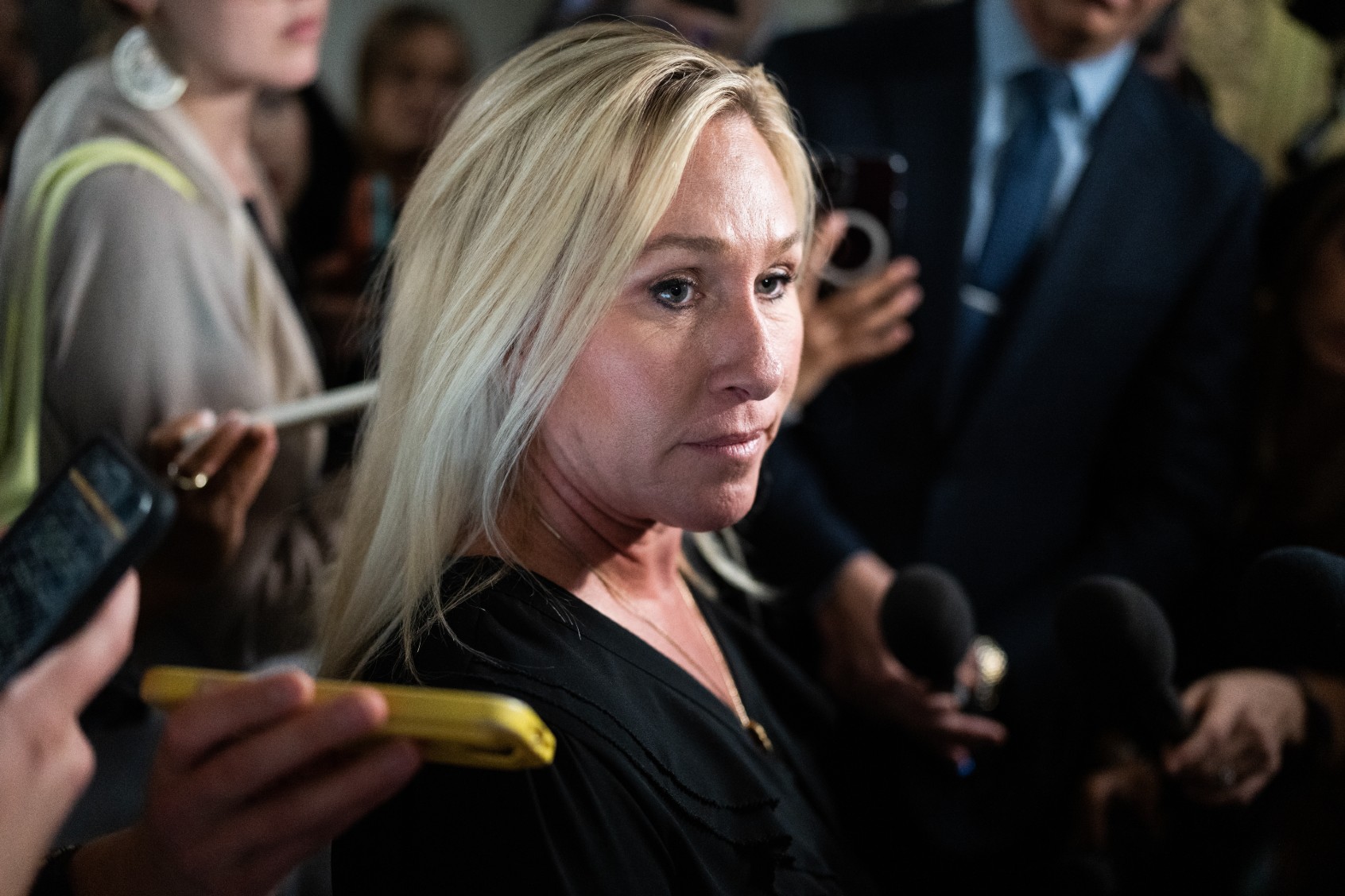 Rep. Marjorie Taylor Greene, R-Ga., is seen outside a House Republican Conference speaker election meeting in Longworth Building on Tuesday, October 24, 2023. (Tom Williams/CQ-Roll Call, Inc via Getty Images)