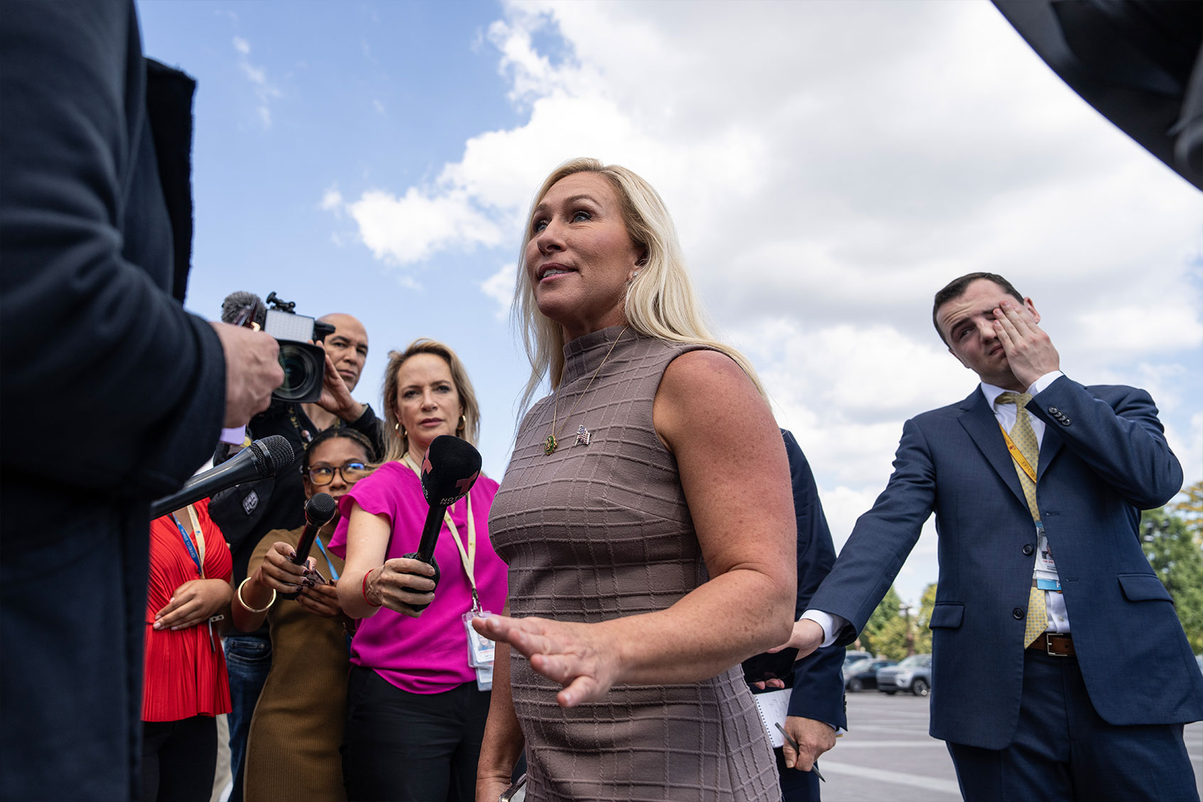 U.S. Rep. Marjorie Taylor Greene (R-GA) speaks to reporters outside the Capitol before a House motion to vacate aimed at House Speaker Kevin McCarthy (R-CA), October 3, 2023 in Washington, DC. (Drew Angerer/Getty Images)