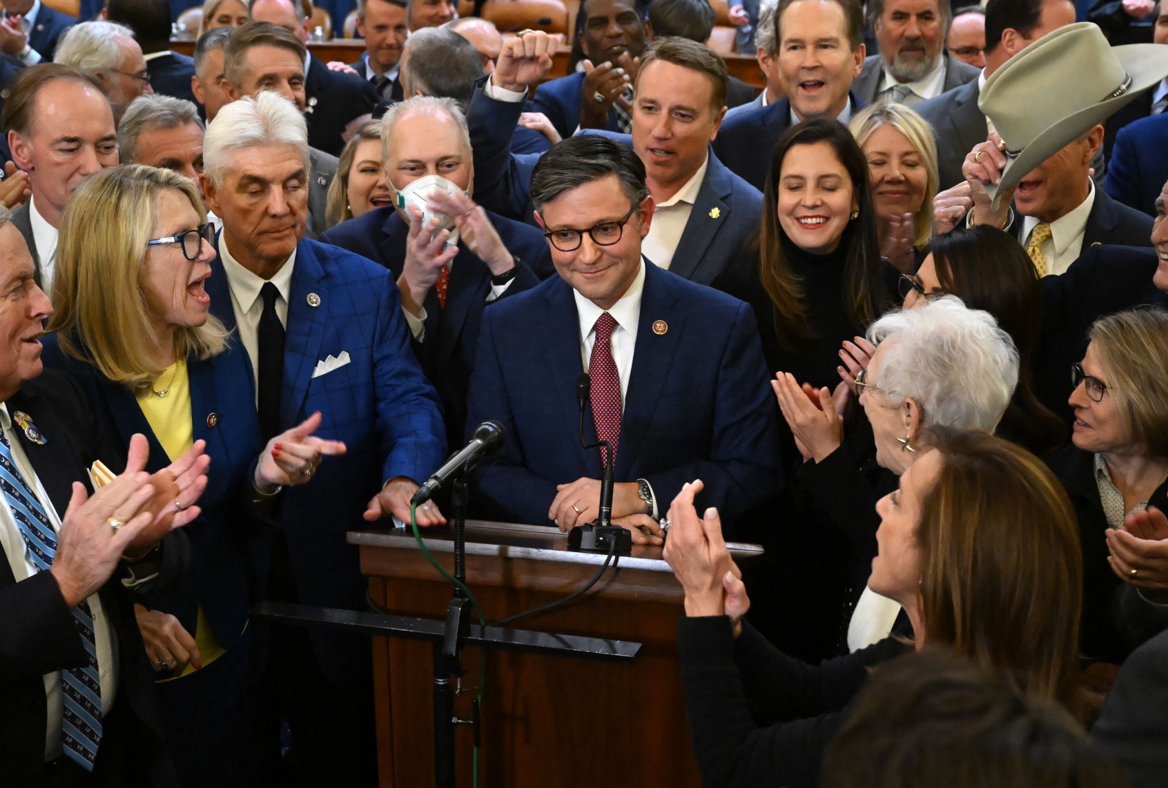 Mike Johnson (C) (R-LA) is applauded after being nominated Republican speaker of the US House of Representatives at Capitol Hill, in Washington, DC on October 24, 2023. (SAUL LOEB/AFP via Getty Images)