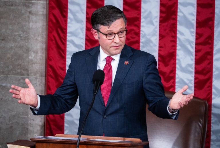 Speaker of the House Mike Johnson, R-La., addresses the House chamber of the the U.S. Capitol after winning the speakership on Wednesday, October 25, 2023. (Tom Williams/CQ-Roll Call, Inc via Getty Images)