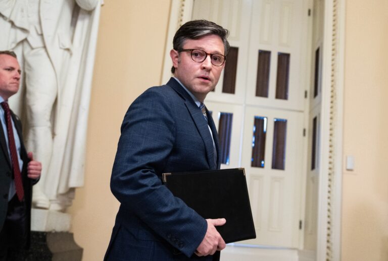 Speaker of the House Mike Johnson, R-La., prepares to make a statement in the U.S. Capitol on the mass shooting in Lewiston, Me., on Thursday, October 26, 2023. (Tom Williams/CQ-Roll Call, Inc via Getty Images)