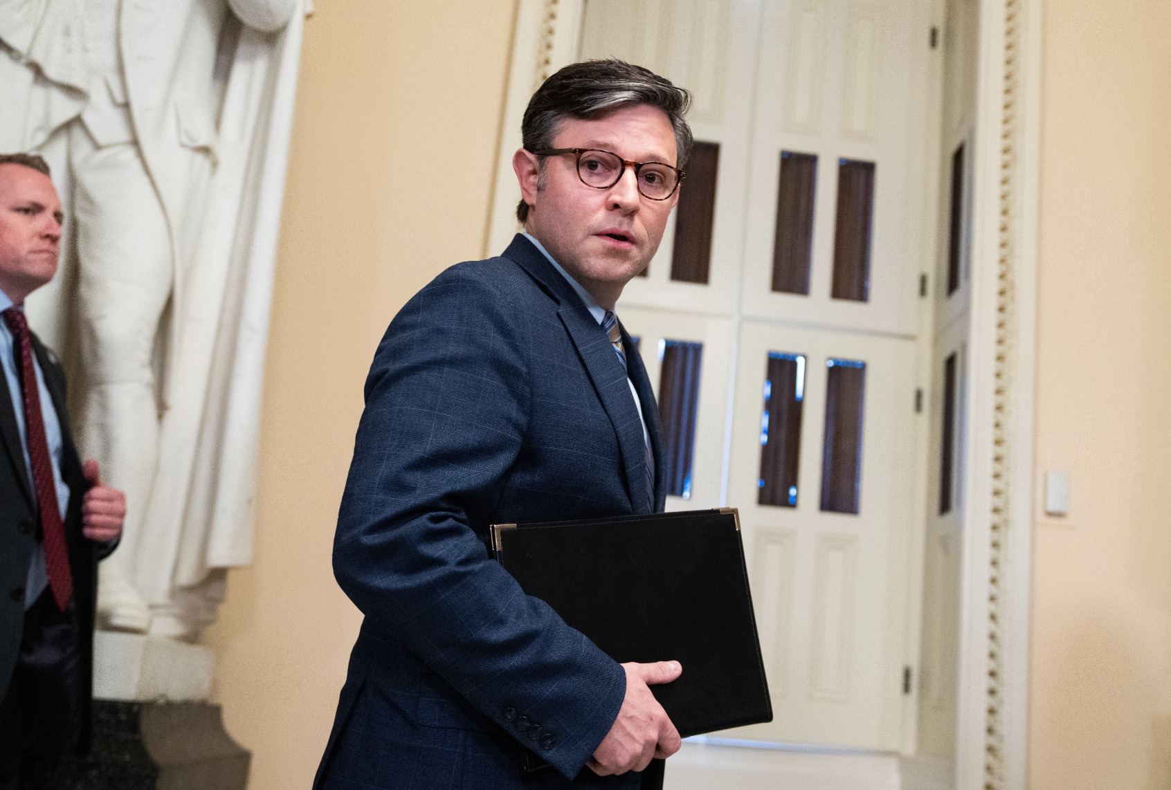 Speaker of the House Mike Johnson, R-La., prepares to make a statement in the U.S. Capitol on the mass shooting in Lewiston, Me., on Thursday, October 26, 2023. (Tom Williams/CQ-Roll Call, Inc via Getty Images)