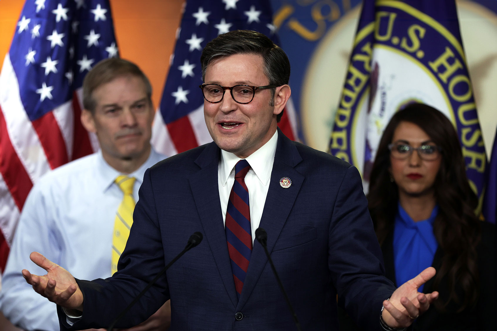 U.S. Rep. Mike Johnson (R-LA) speaks as Rep. Jim Jordan (R-OH) and Rep. Lauren Boebert (R-CO) listen during a news conference at the U.S. Capitol May 11, 2022 in Washington, DC. (Alex Wong/Getty Images)