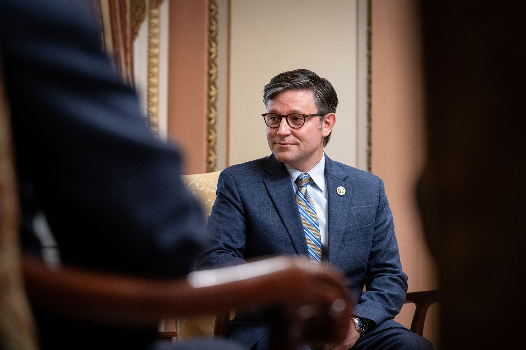 U.S. Speaker of the House Mike Johnson (R-LA) listens during a meeting with Australian Prime Minister Anthony Albanese at the U.S. Capitol October 26, 2023 in Washington, DC. (Drew Angerer/Getty Images)