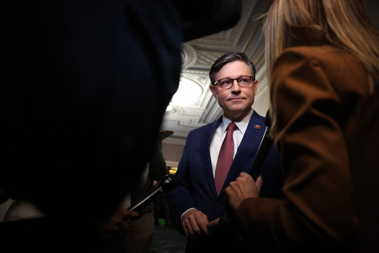 U.S. Rep. Mike Johnson (R-LA) speaks to reporters before a House Republican candidates forum where congressmen who are running for Speaker of the House will present their platforms in the Longworth House Office Building on Capitol Hill on October 24, 2023 in Washington, DC. (Justin Sullivan/Getty Images)