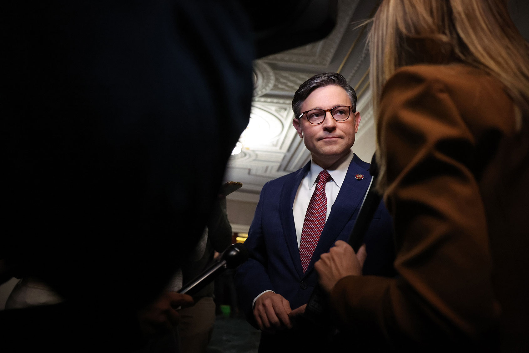 U.S. Rep. Mike Johnson (R-LA) speaks to reporters before a House Republican candidates forum where congressmen who are running for Speaker of the House will present their platforms in the Longworth House Office Building on Capitol Hill on October 24, 2023 in Washington, DC. (Justin Sullivan/Getty Images)