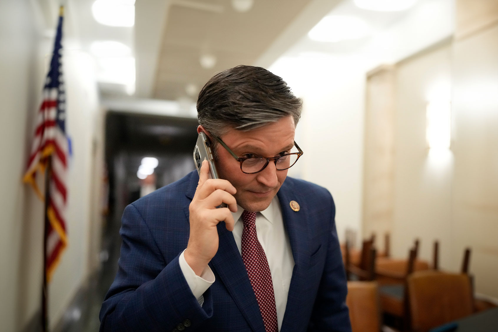 U.S. Rep. Mike Johnson (R-LA) leaves a House Republican conference meeting in the Longworth House Office Building on Capitol Hill on October 24, 2023 in Washington, DC. (Drew Angerer/Getty Images)