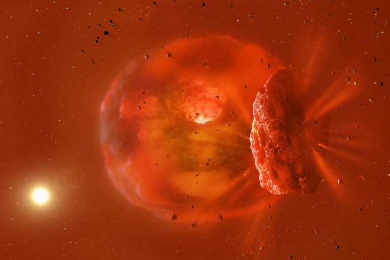 Image shows a visualisation of the huge, glowing planetary body produced by a planetary collision. (Mark Garlick)