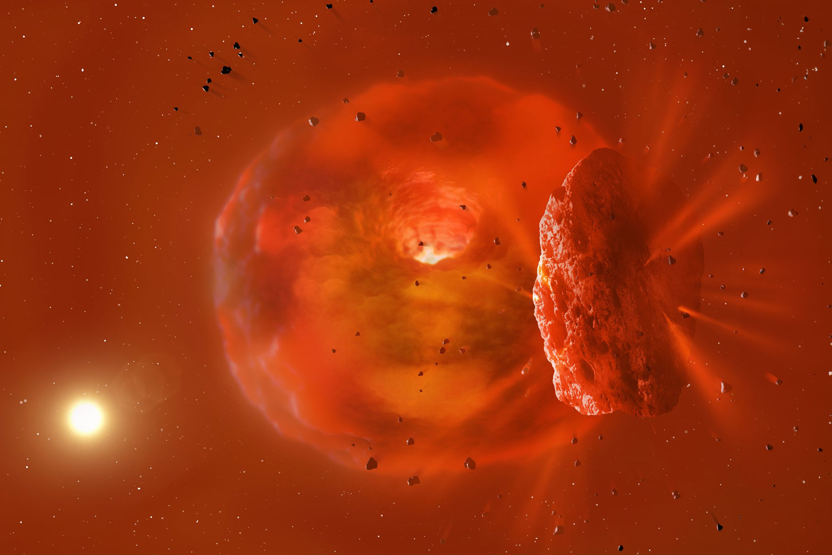 Image shows a visualisation of the huge, glowing planetary body produced by a planetary collision. (Mark Garlick)