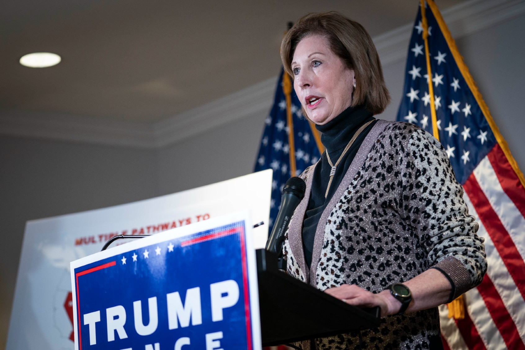Sidney Powell speaks during a news conference with Rudy Giuliani, lawyer for U.S. President Donald Trump, about lawsuits contesting the results of the presidential election at the Republican National Committee headquarters in Washington, D.C., on Thursday Nov. 19, 2020. (Sarah Silbiger for The Washington Post via Getty Images)