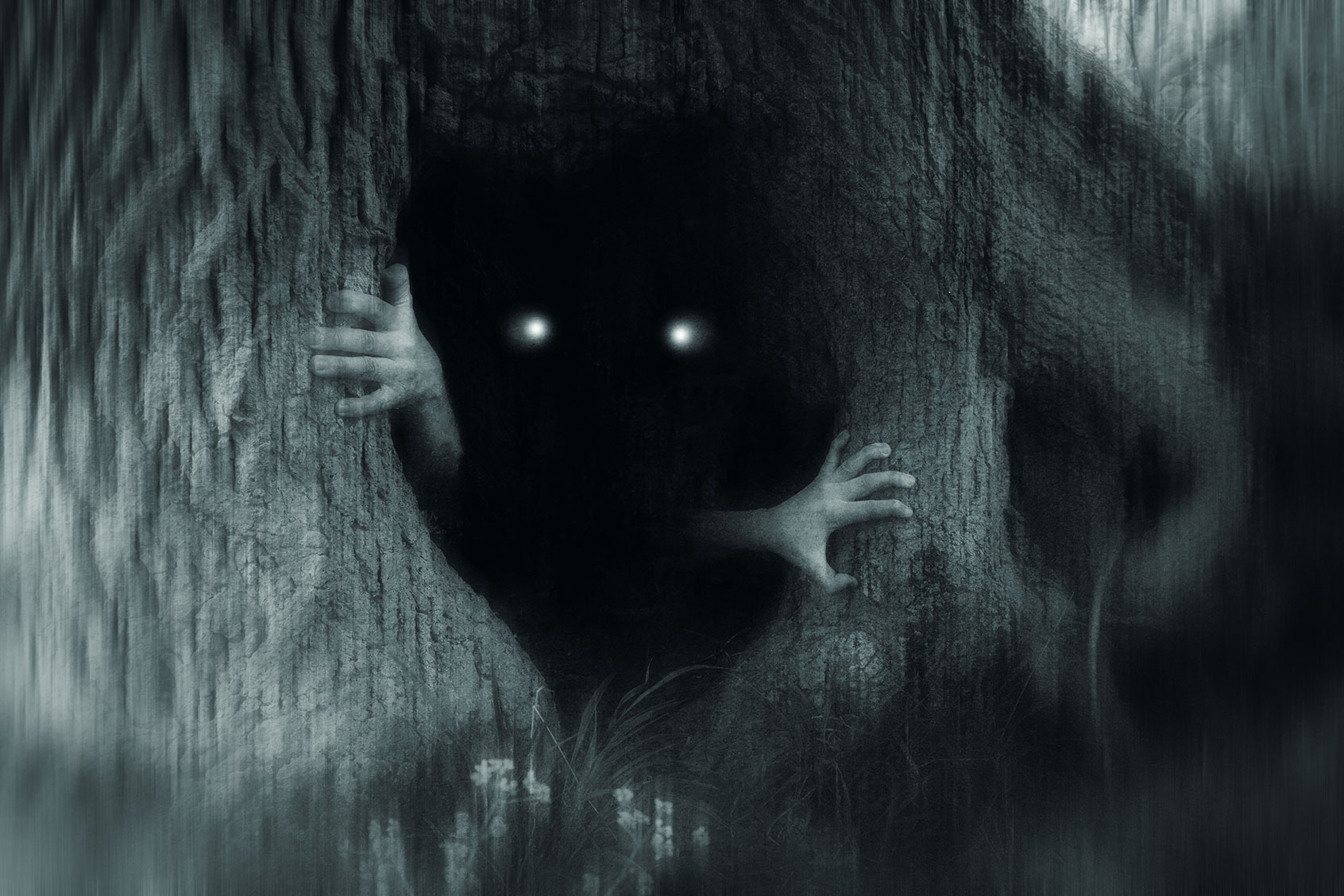A spooky horror concept of a monster with glowing eyes, hiding in a tree trunk, in a dark spooky forest. (Getty Images/David Wall)