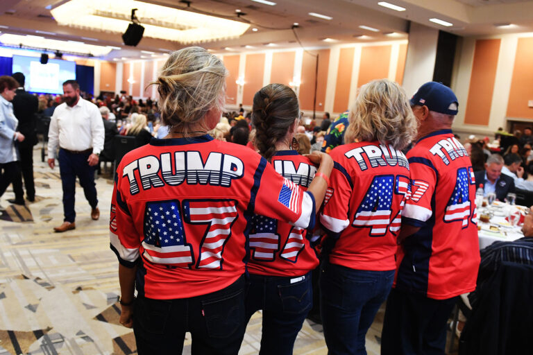 Trump supporters celebrate before former President Donald Trump speaks at the CAGOP convention in Anaheim Friday. (Wally Skalij/Los Angeles Times via Getty Images)