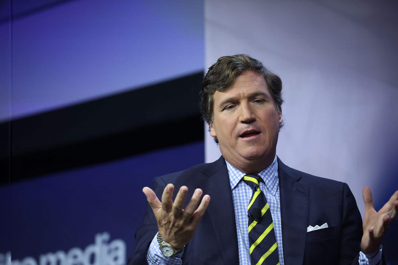 Former Fox News television personality Tucker Carlson speaks to guests at the Family Leadership Summit on July 14, 2023 in Des Moines, Iowa. (Scott Olson/Getty Images)