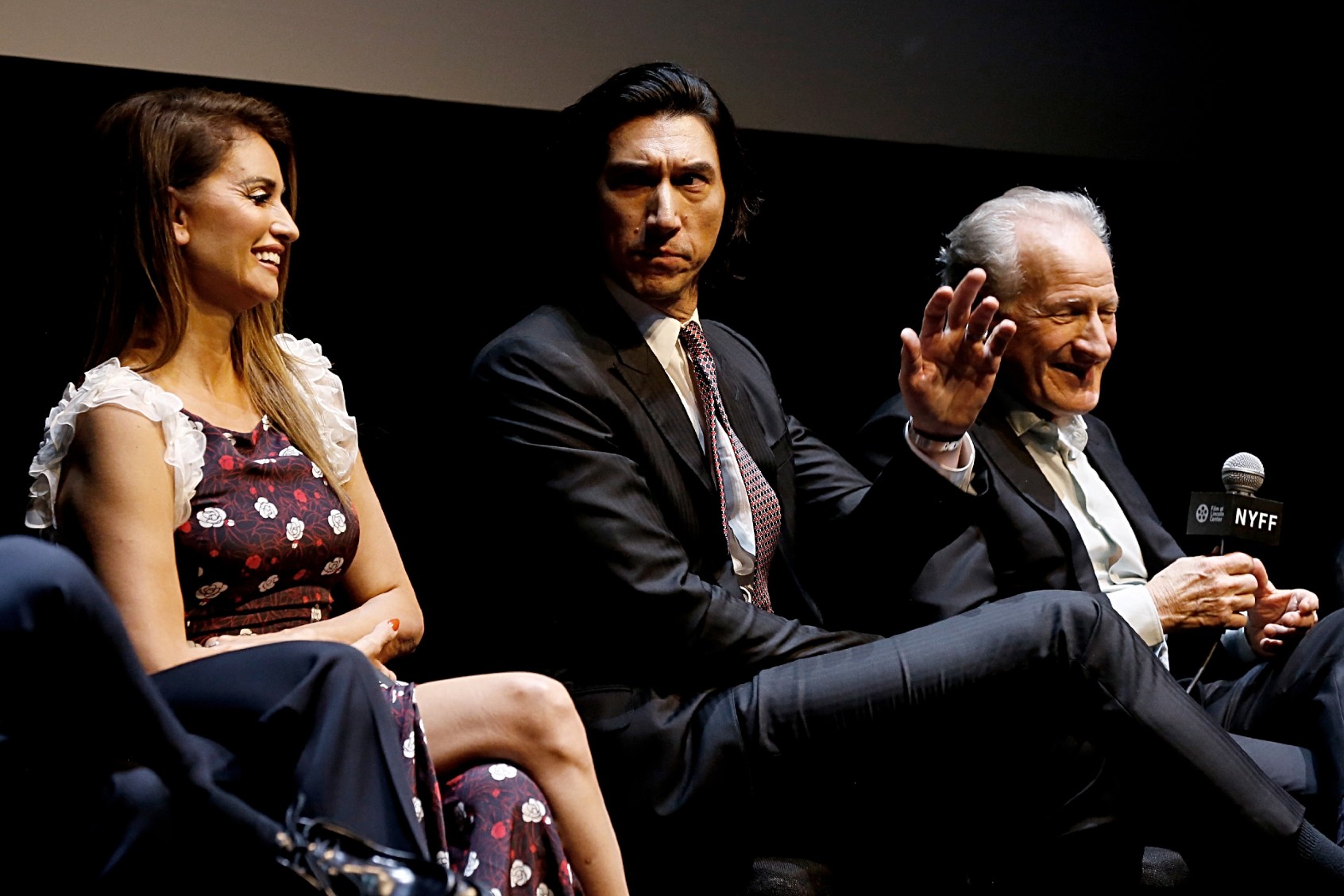 (L-R) Penélope Cruz, Adam Driver and Michael Mann speak during the "Ferrari" Q&A during the 61st New York Film Festival at Alice Tully Hall, Lincoln Center on October 13, 2023 in New York City. (Dominik Bindl/Getty Images for FLC)