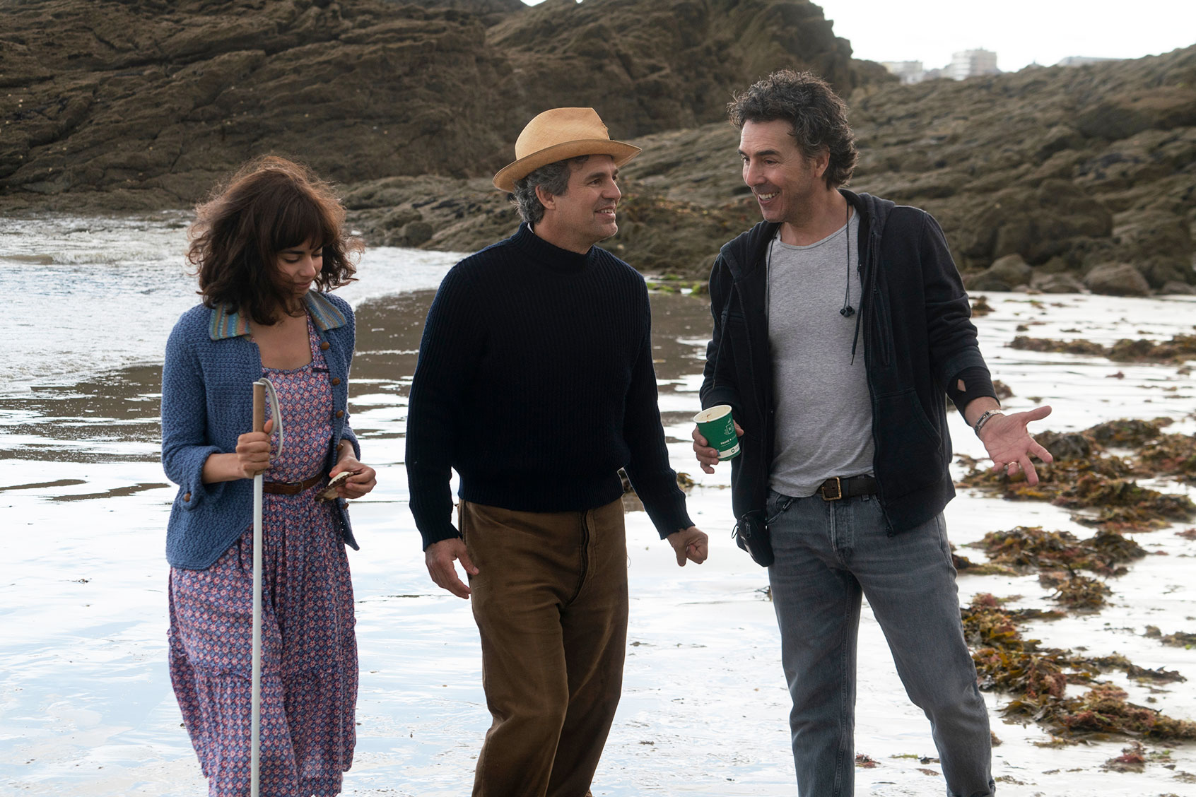 Aria Mia Loberti as Marie-Laure, Mark Ruffalo as Daniel LeBlanc, Director/Executive Producer Shawn Levy behind the scenes in episode 103 of All the Light We Cannot See. (Doane Gregory/Netflix)