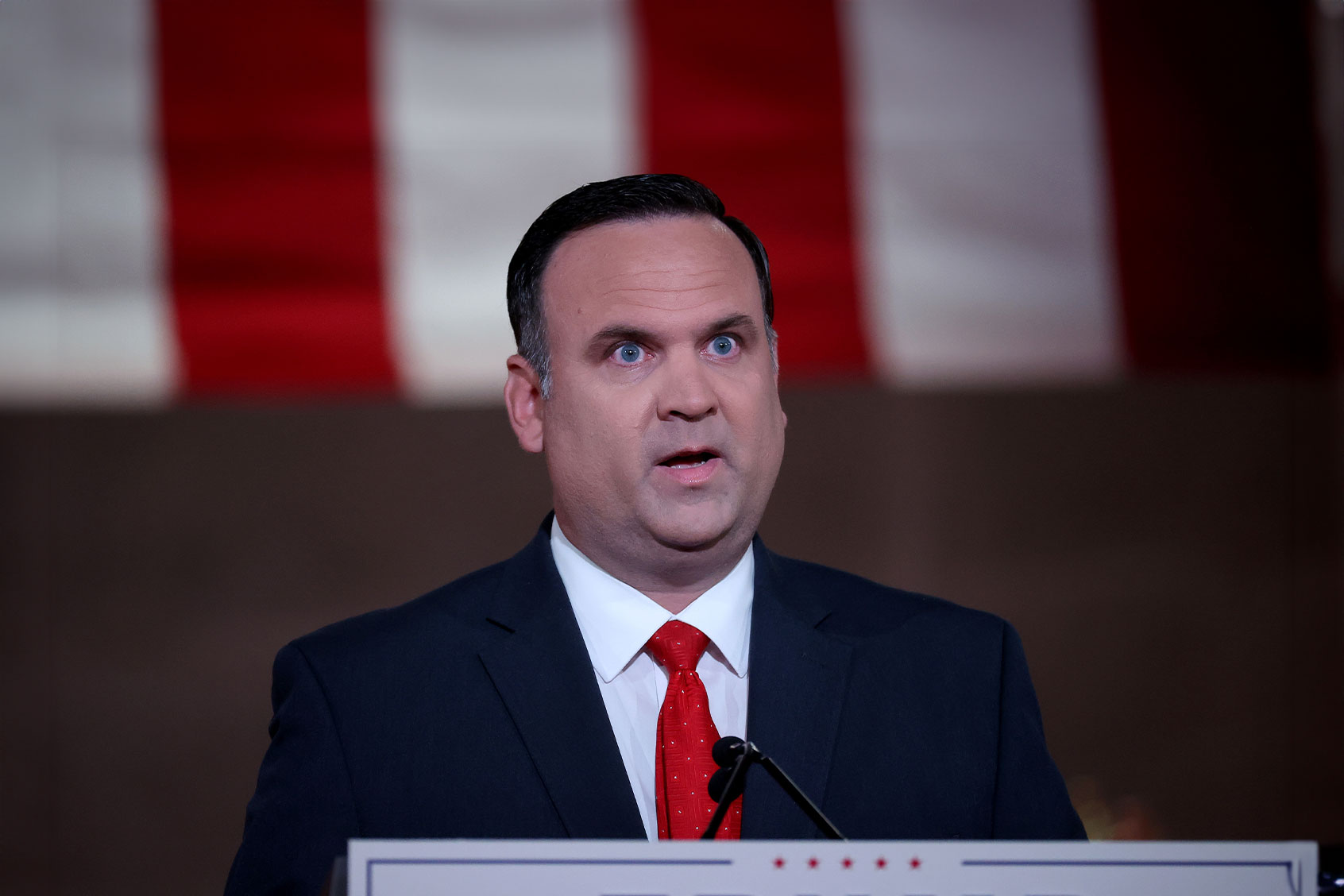 In a prerecorded address for the Republican National Convention released August 27, 2020, White House Deputy Chief of Staff for Communications Dan Scavino speaks inside the empty Mellon Auditorium August 26, 2020 in Washington, DC. (Chip Somodevilla/Getty Images)