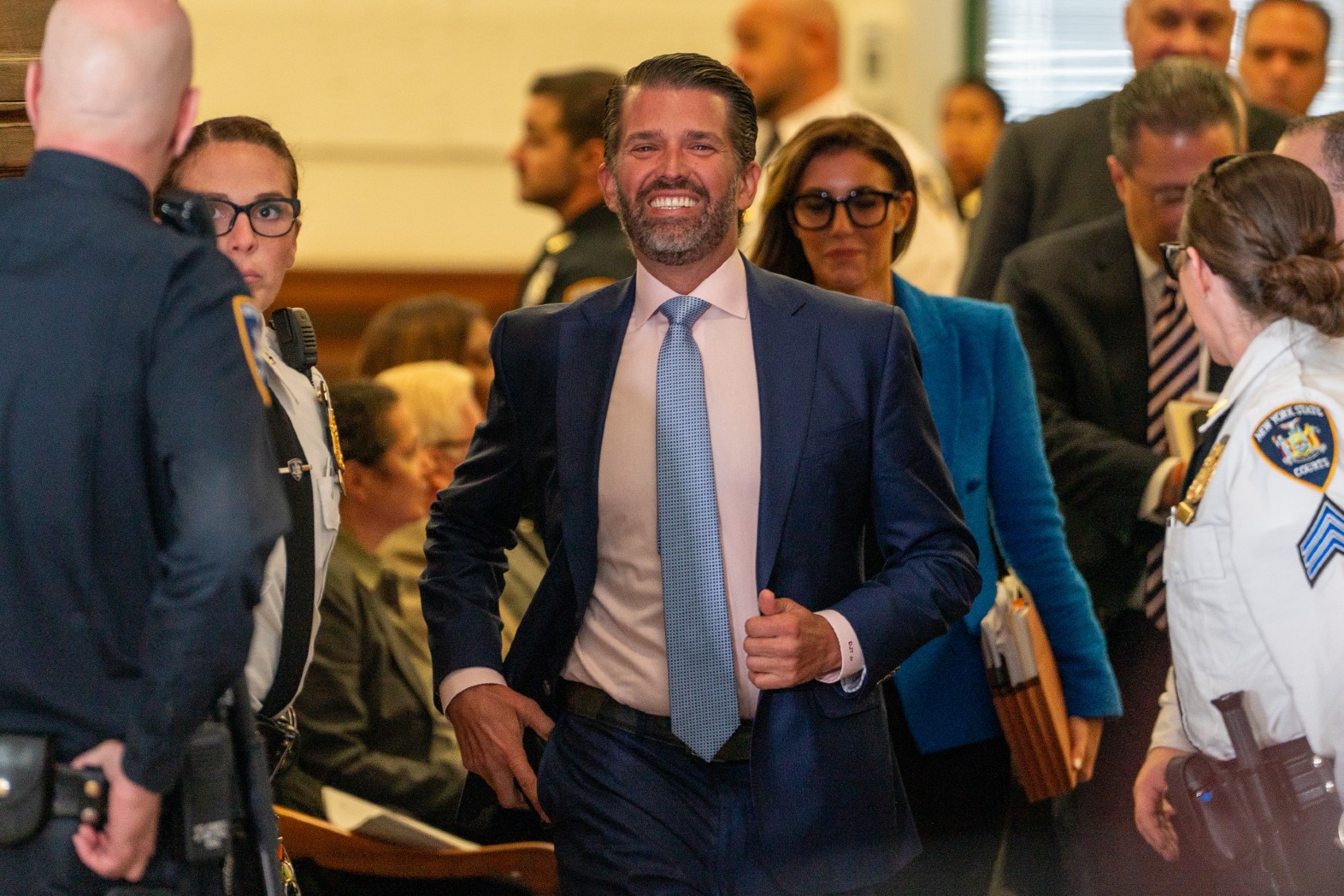 Donald Trump Jr. steps out for a break at former President Donald Trump's civil fraud trial on November 02, 2023 in New York City. (David Dee Delgado/Getty Images)
