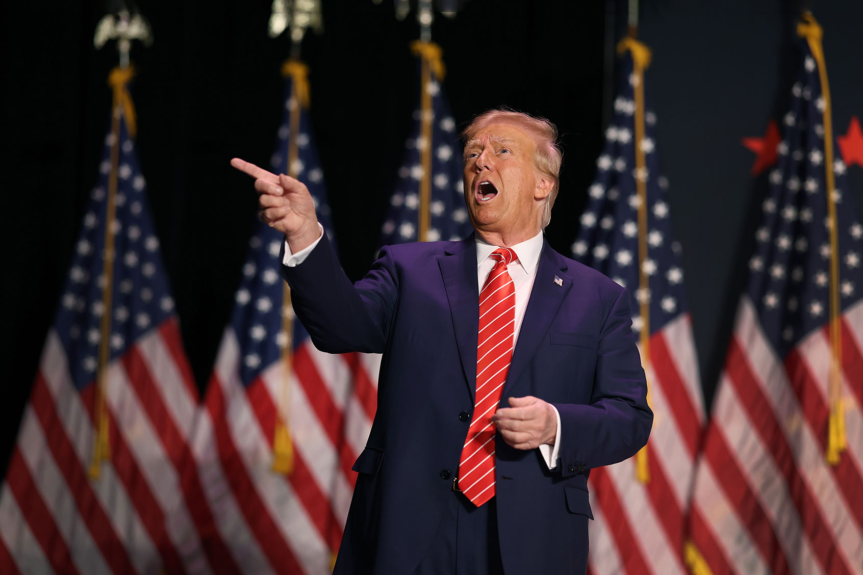 Republican presidential candidate former U.S. President Donald Trump arrives for a campaign event at the Orpheum Theater on October 29, 2023 in Sioux City, Iowa. (Scott Olson/Getty Images)