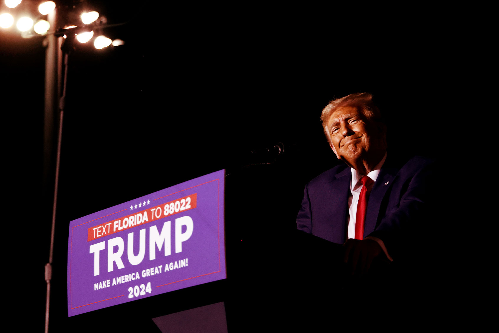 Former U.S. President Donald Trump arrives to deliver remarks during a campaign rally at The Ted Hendricks Stadium at Henry Milander Park on November 8, 2023 in Hialeah, Florida. (Alon Skuy/Getty Images)
